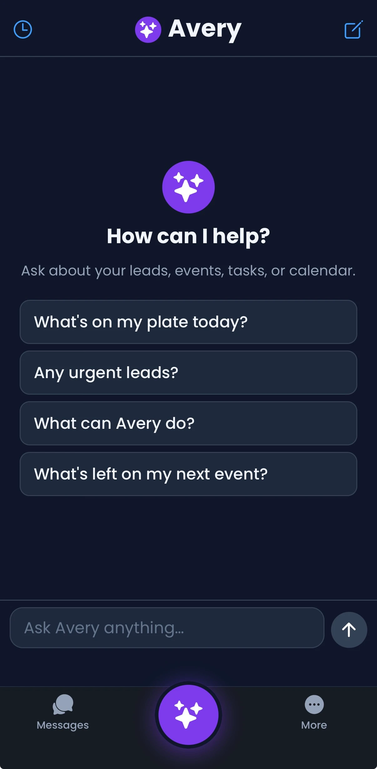 Aivenue AI assistant showing quick actions for leads, events, and calendar tasks